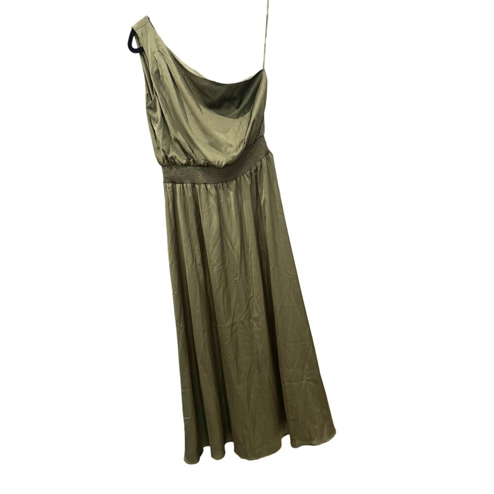 Nicole Miller Dress Womens Small S Olive Green One Shoulder Smocked Midi EUC - Picture 2 of 7
